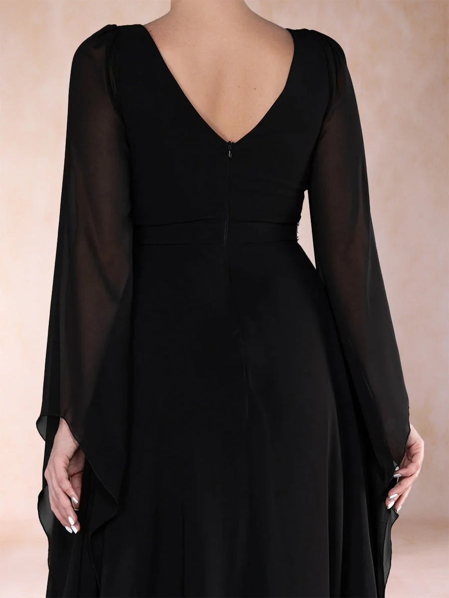Robe de Mère de la Mariée Coupe A-Line/Princess à Col En V Profond et Manches Longues avec Strass – Image 5
