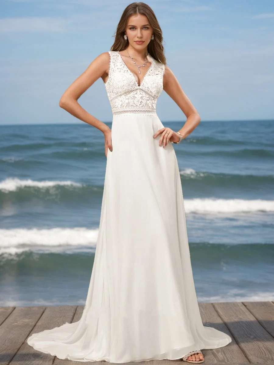 Robes de Mariée en Dentelle Sans Manches, Coupe A-Line/Princesse, Col en V – Image 2