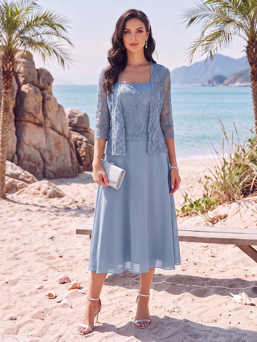 Ensemble Robe A-Ligne et Veste Mère de la Mariée Col Carré, Longueur Thé avec Appliques en Dentelle