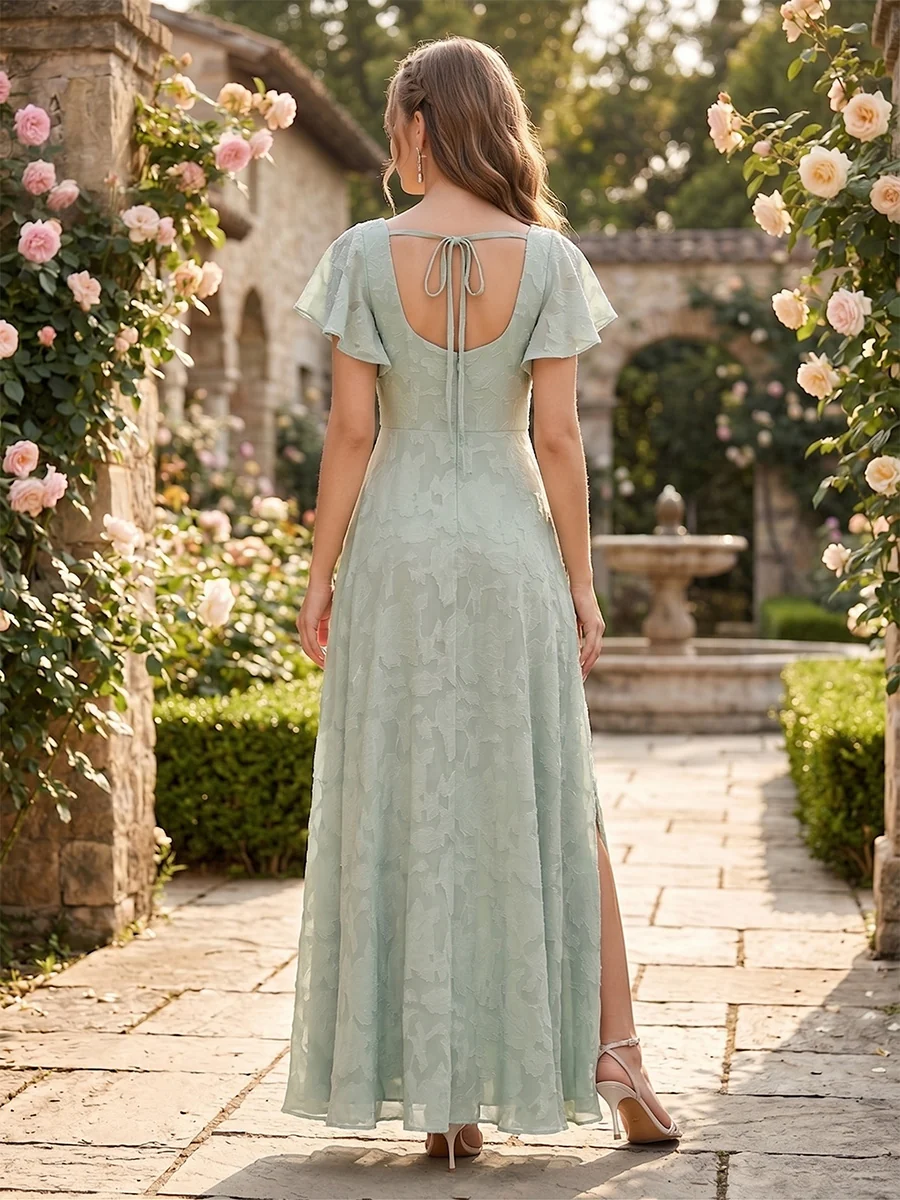 Robe de demoiselle d'honneur à fleurs, coupe trapèze/princesse, col carré, manches courtes à volants et fente Côté – Image 3