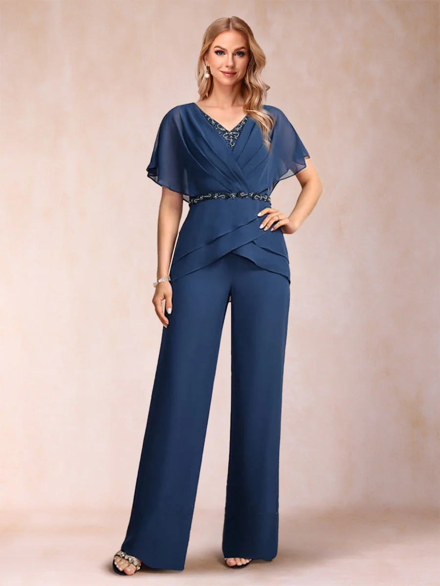 Tailleur-pantalon 2 pièces de la mère de la mariée en mousseline, col en V, manches courtes, volants et fronces