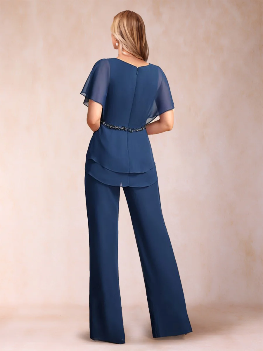 Tailleur-pantalon 2 pièces de la mère de la mariée en mousseline, col en V, manches courtes, volants et fronces – Image 3