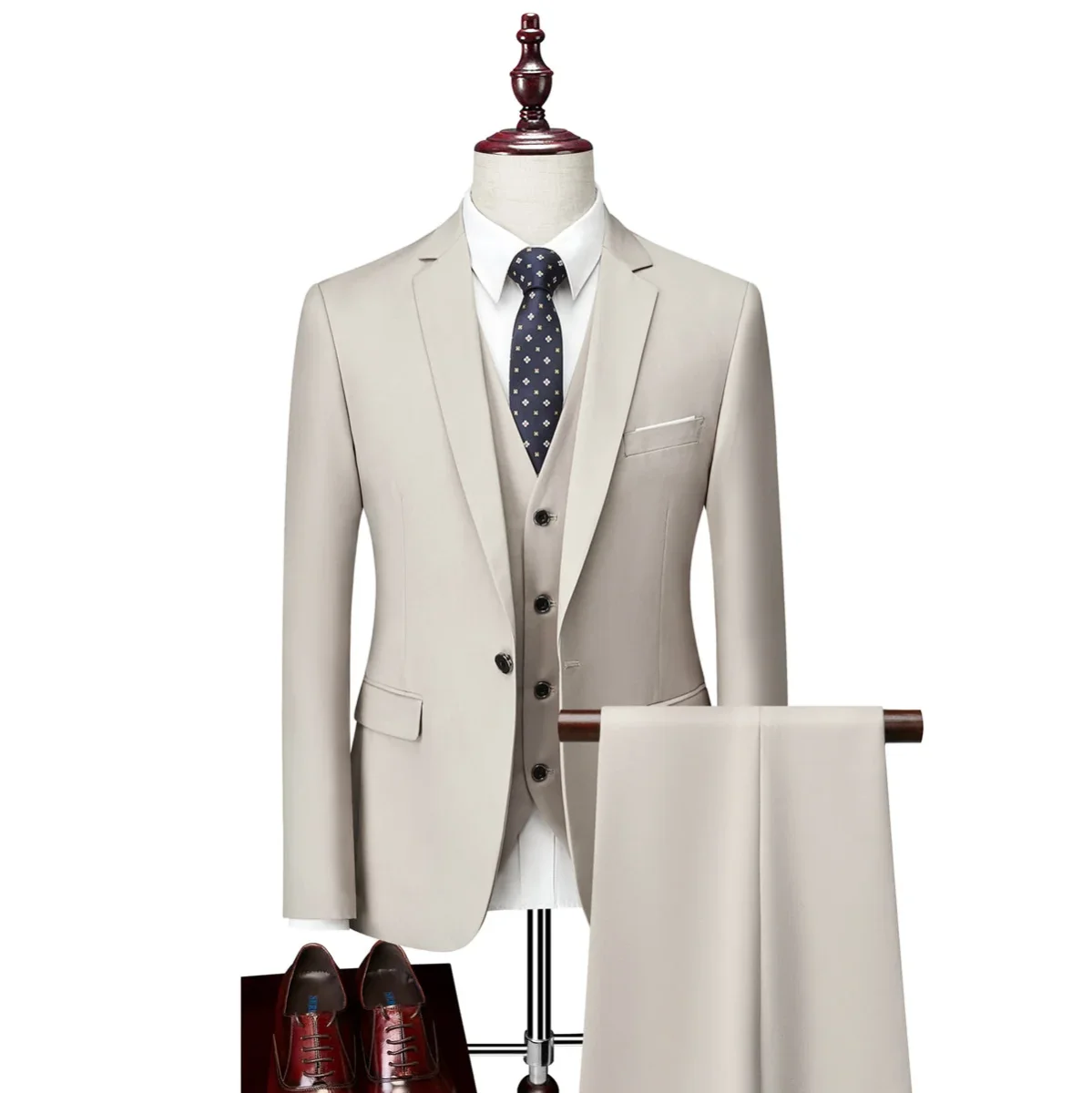 Costume de Mariage 3 Pièces pour Homme Coupe Ajustée Simple Boutonnage Couleur Unie – Image 5