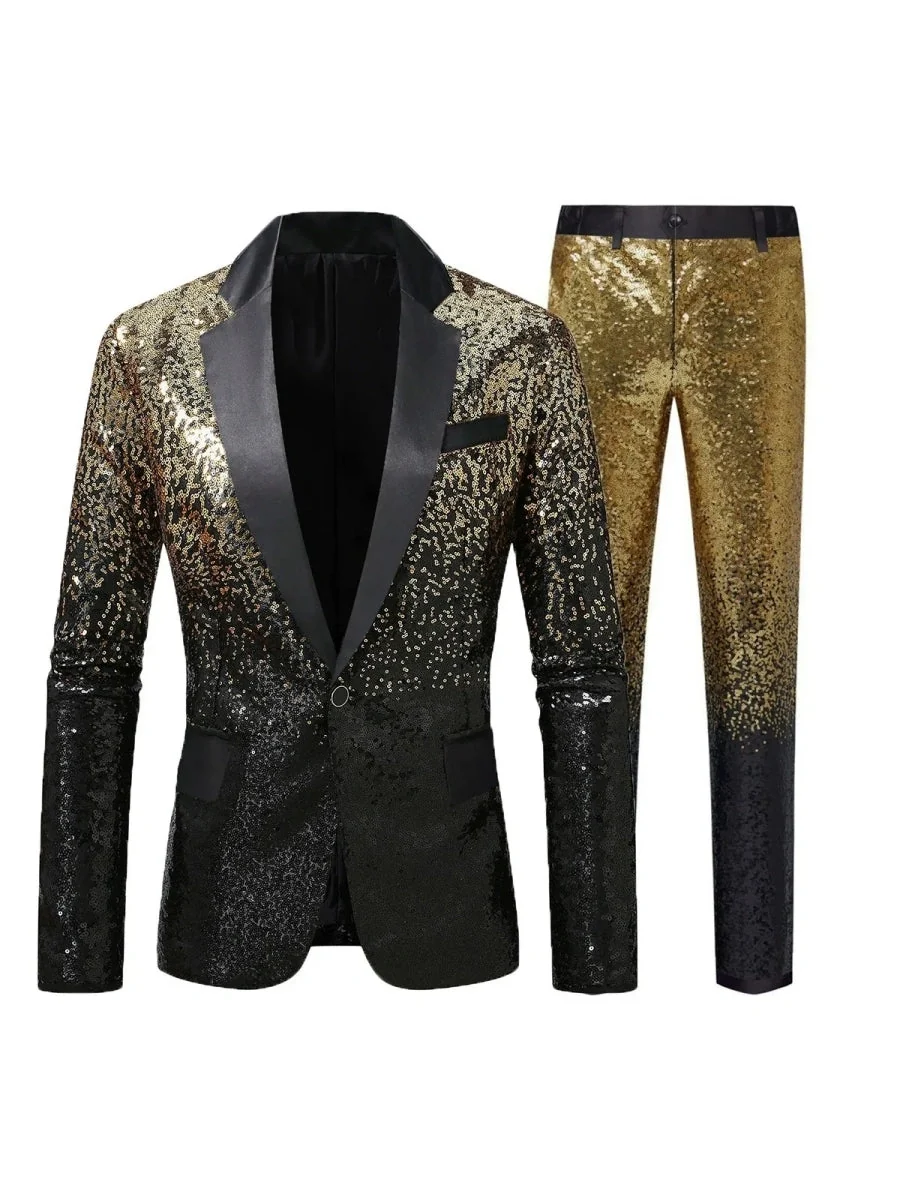 Costume Décontracté 2 Pièces pour Homme à Paillettes en Dégradé, Coupe Ajustée à 1 Bouton – Image 2
