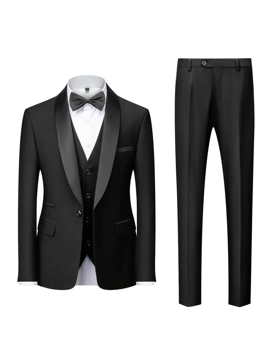 Costume de Mariage 3 Pièces pour Homme, Col Châle & Coupe Ajustée à 1 Bouton, Couleur Unie – Image 4