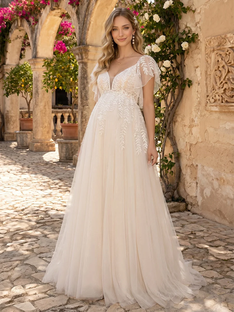 Robe de Mariée de Maternité Ligne A/Princesse Col en V Manches Flottantes à Traîne de la Cour avec Appliques & Dentelle