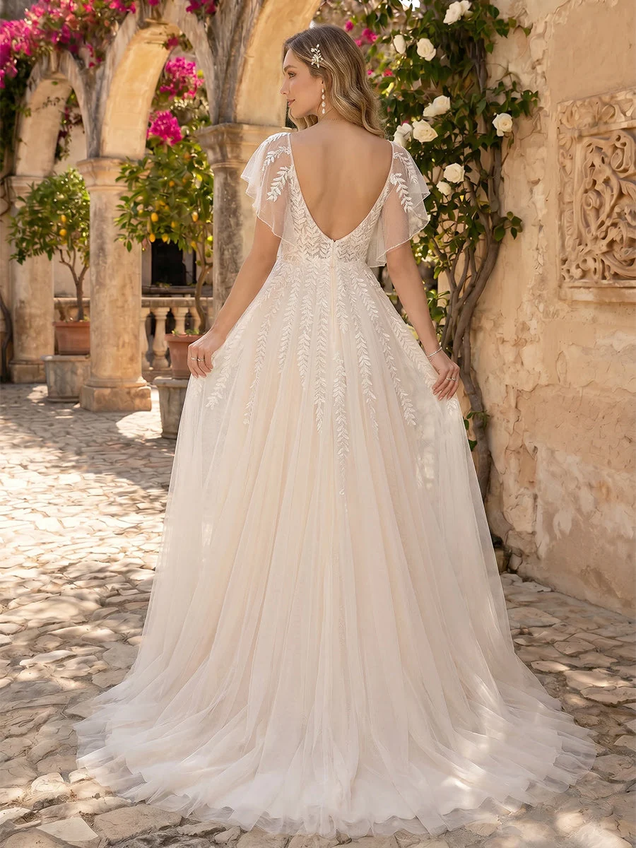 Robe de Mariée de Maternité Ligne A/Princesse Col en V Manches Flottantes à Traîne de la Cour avec Appliques & Dentelle – Image 3