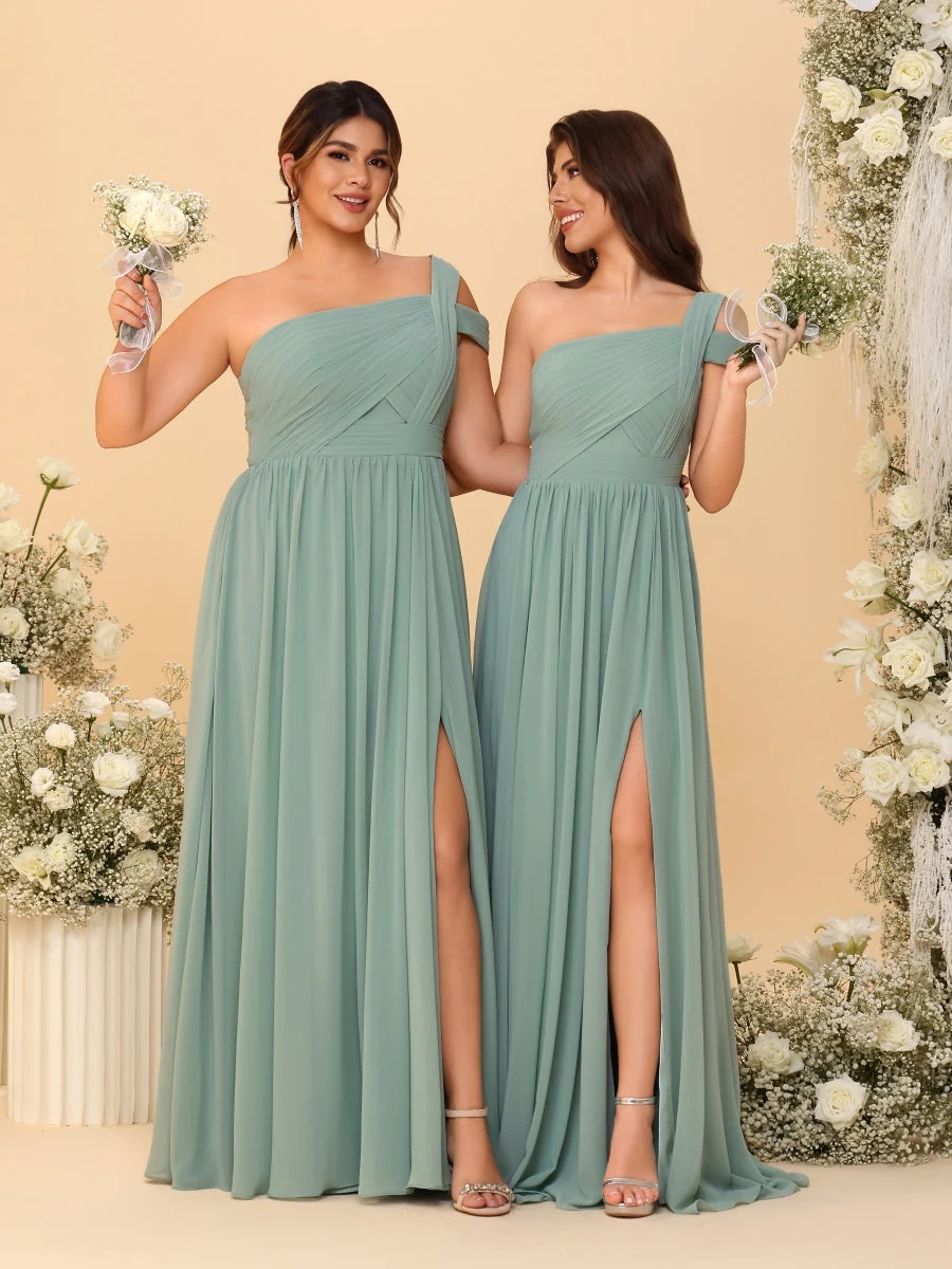 Robes de Demoiselle d'Honneur Ligne A/Princesse à Une Épaule sans Manches Longueur Sol avec Fente Latérale et Plis
