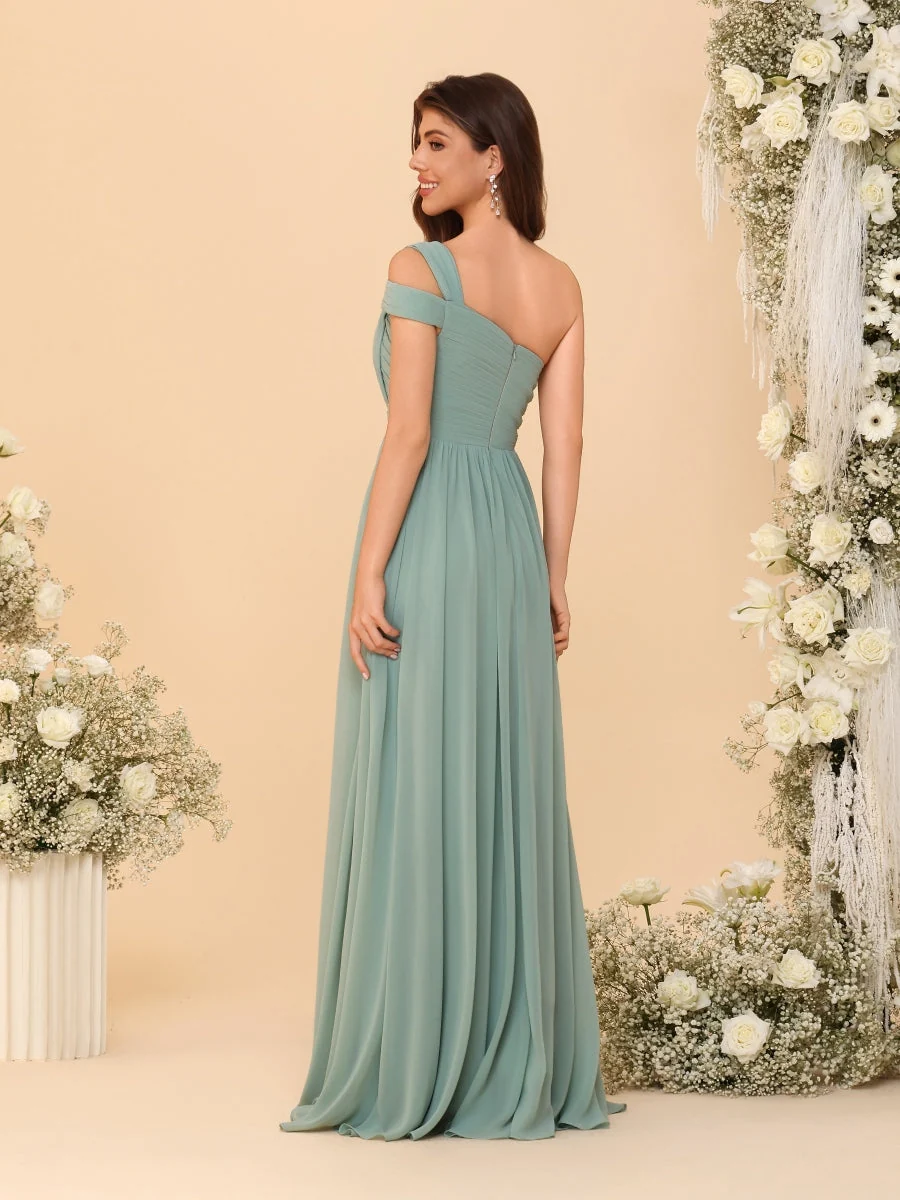 Robes de Demoiselle d'Honneur Ligne A/Princesse à Une Épaule sans Manches Longueur Sol avec Fente Latérale et Plis – Image 3