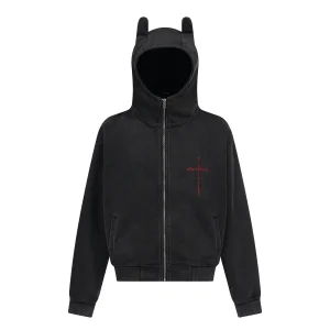 Cropped Black Zip Up Hoodie | Devil-Ear Hood Design