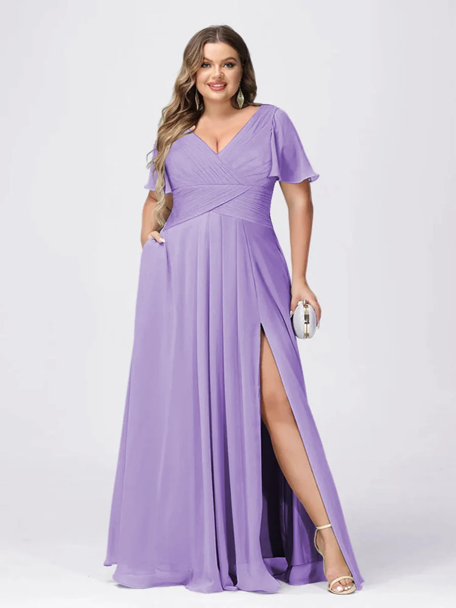 Robe de Demoiselle d'Honneur Grande Taille à Col En V et Manches Courtes avec Fente Sur Le Côté