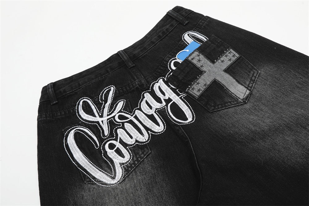 Seakoff Courage Cross Embroidered Washed Black Denim Pants – Image 8