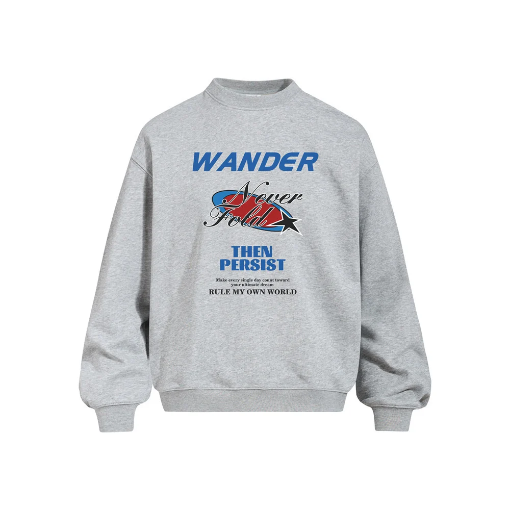 Oversized Graphic Print Sweatshirt – Wander Never Fold Slogan Crew Neck – Image 2