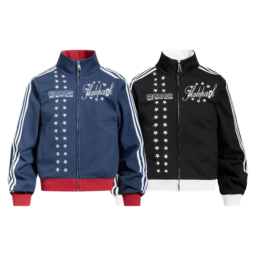 Embroidered Bomber Jacket Mens Star Print Track Jacket with Stripe Sleeves – Image 2