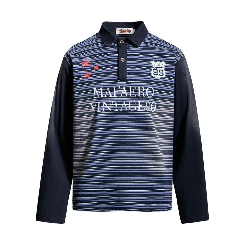 Men's Navy Blue Polo Shirt Long Sleeve Vintage Striped Washed Relaxed Fit – Image 2