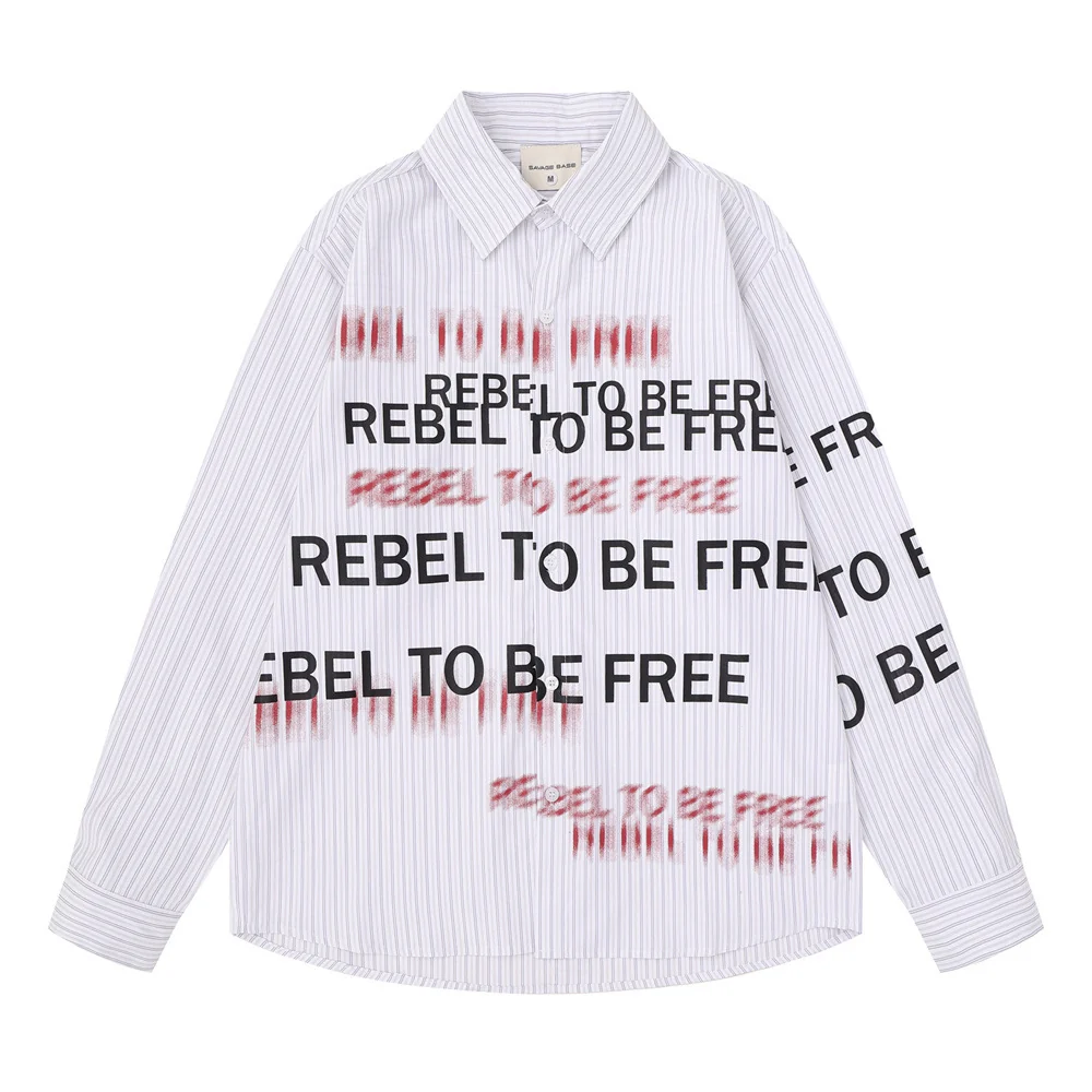 Men's Striped Button-Up Shirt with 'Rebel To Be Free' Graphic Print, Relaxed Fit – Image 6