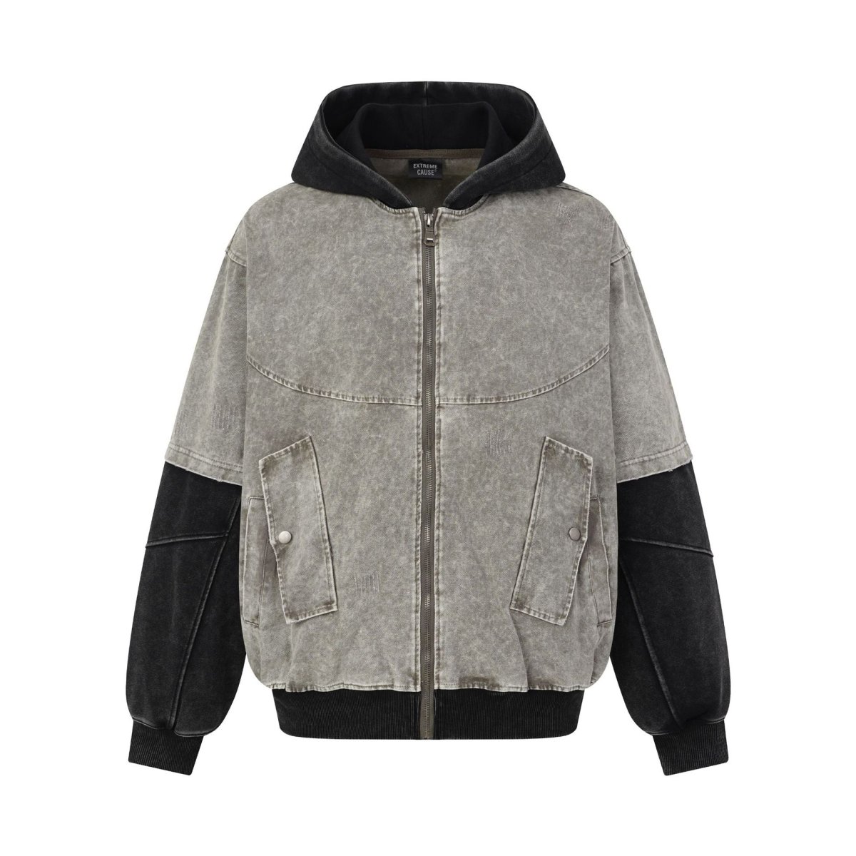 Acid Wash Two-Tone Hooded Bomber Jacket – Oversized Faux Two-Piece – Image 5