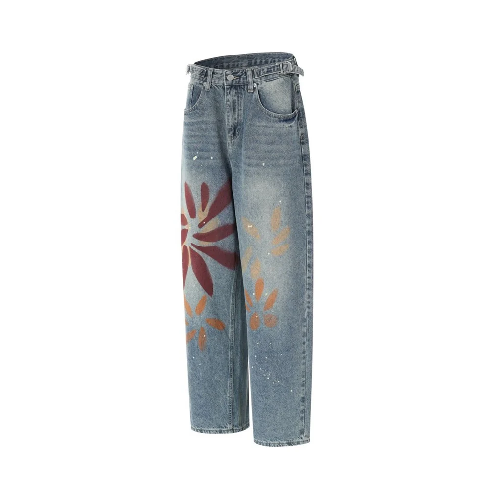 Men's Relaxed Fit Jeans with Floral Graffiti Print – Wide Leg Straight Denim – Image 7