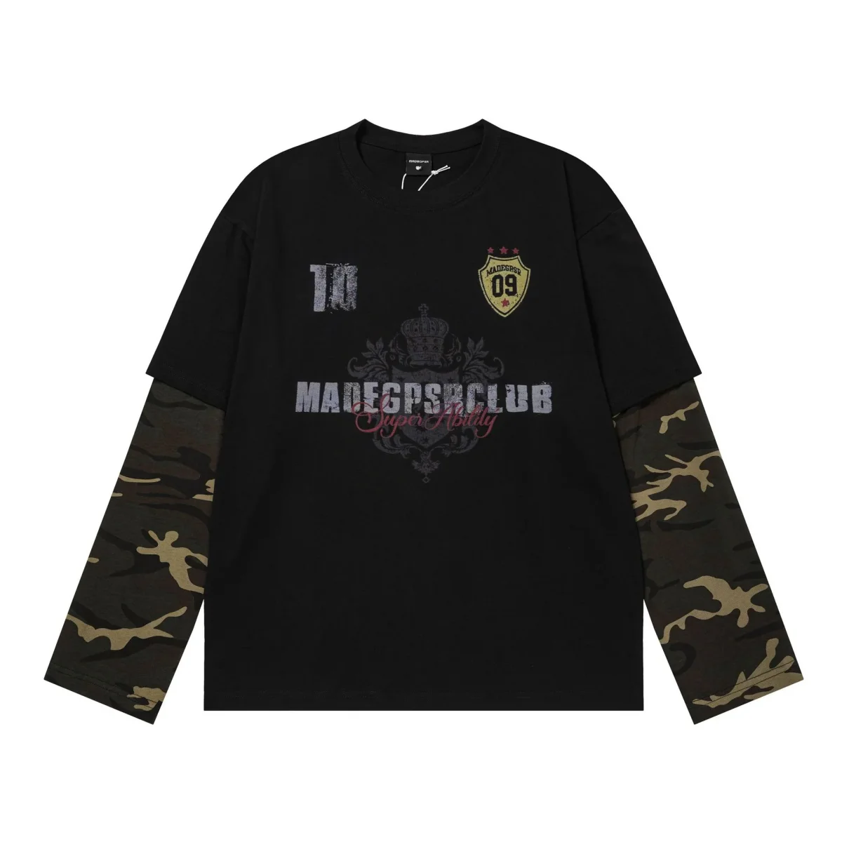 Layered Long Sleeve T-Shirt with Camo Sleeves – Oversized Streetwear Tee – Image 3