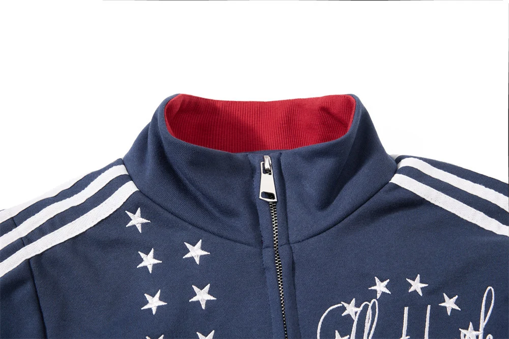 Embroidered Bomber Jacket Mens Star Print Track Jacket with Stripe Sleeves – Image 9