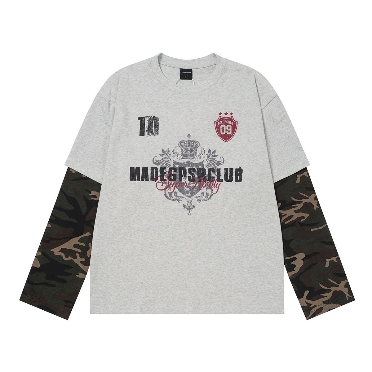 Layered Long Sleeve T-Shirt with Camo Sleeves – Oversized Streetwear Tee – Image 5