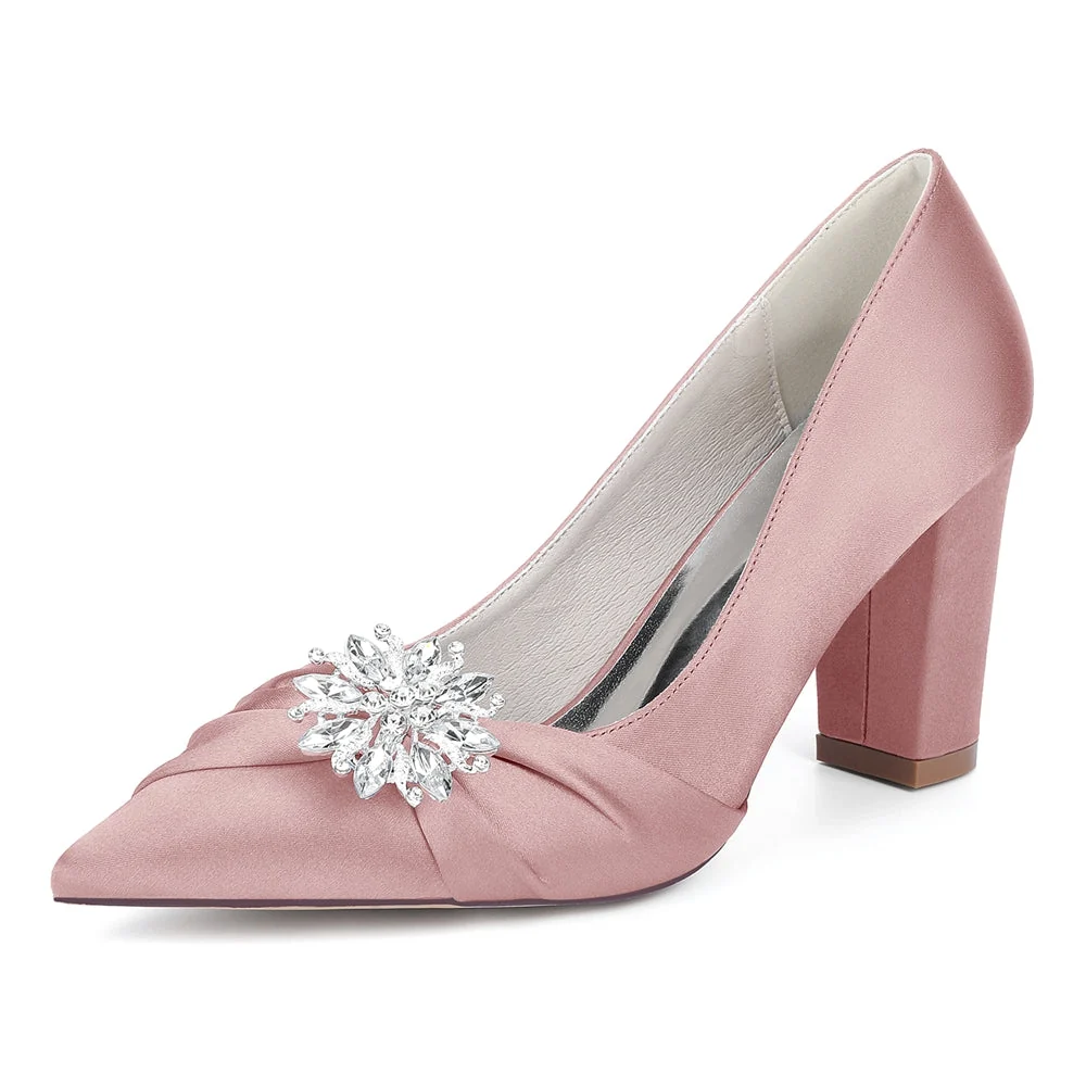 Chaussures de Mariage à Talon Épais et Bout Fermé en Satin de Soie Pour Femmes avec Strass – Image 9