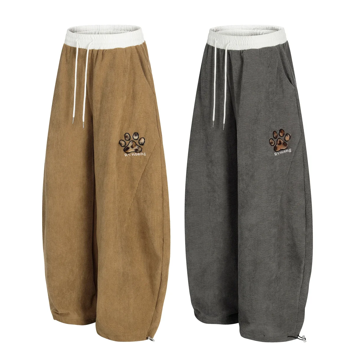Corduroy Paw Embroidered Barrel-Leg Pants | Streetwear – Image 3
