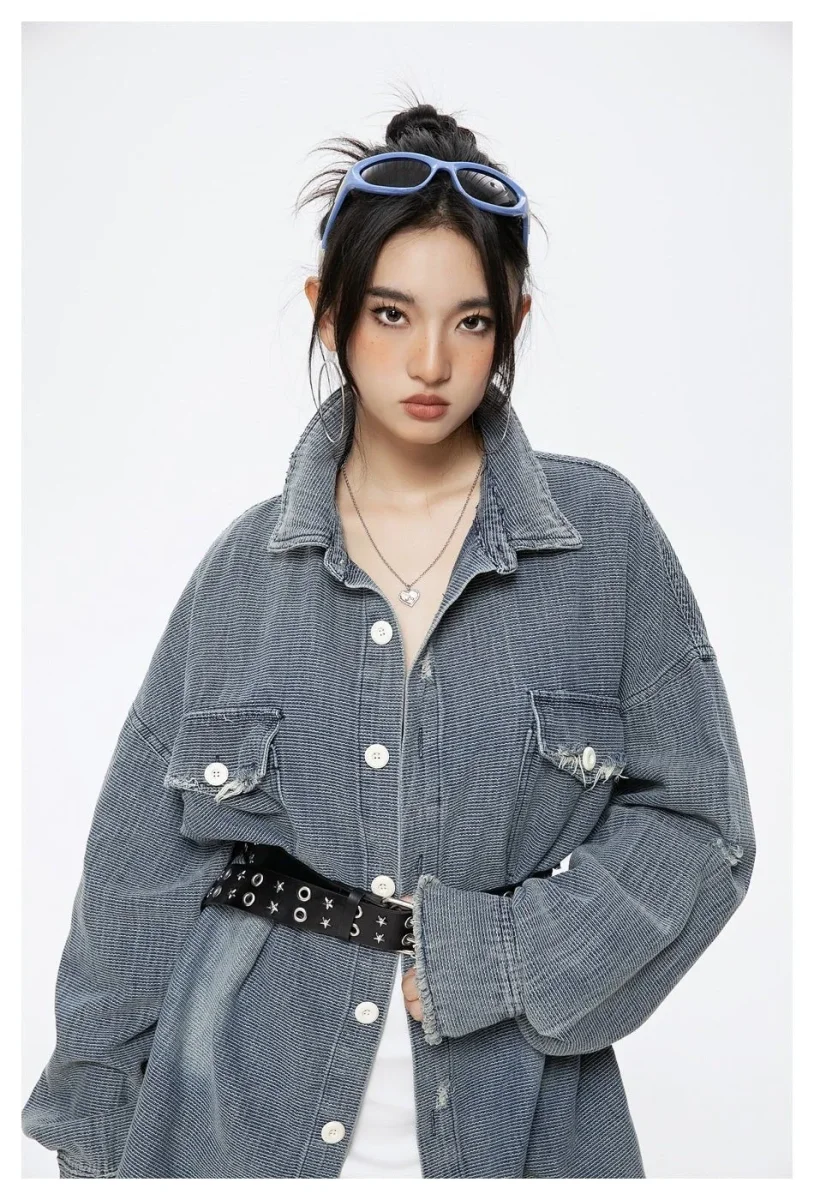 Distressed Denim Chambray Shirt on Sale - Men's and Women's Long Sleeve Vintage Style – Image 8