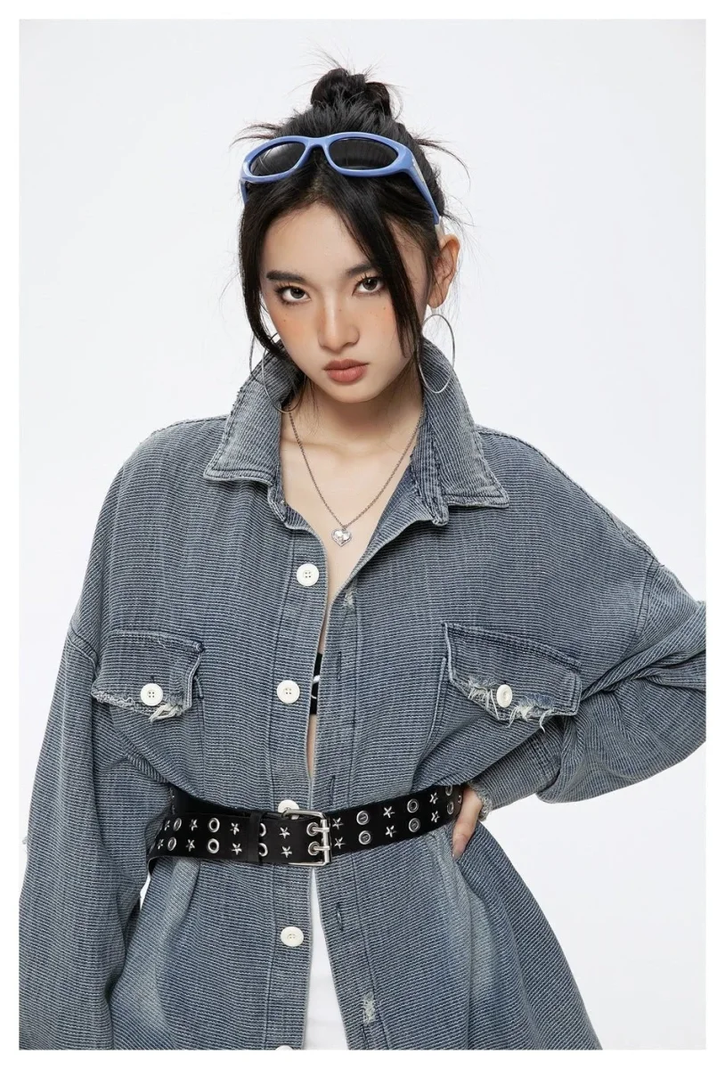 Distressed Denim Chambray Shirt on Sale - Men's and Women's Long Sleeve Vintage Style – Image 9