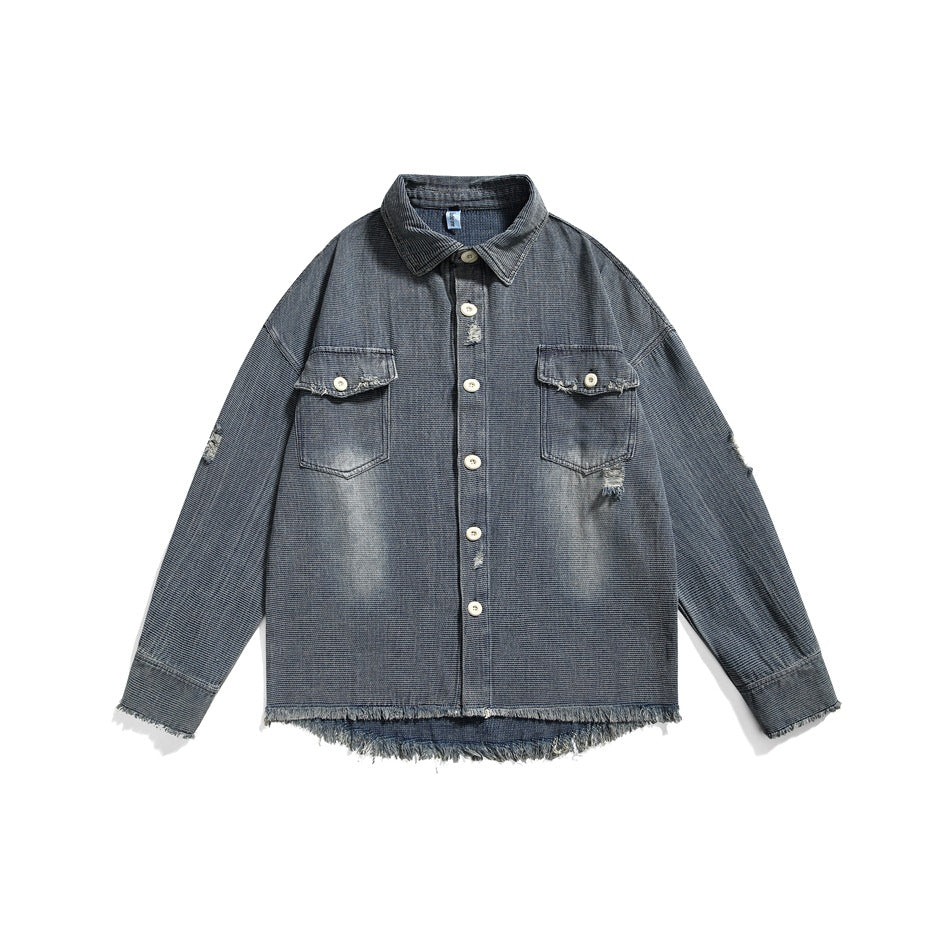 Distressed Denim Chambray Shirt on Sale - Men's and Women's Long Sleeve Vintage Style – Image 5