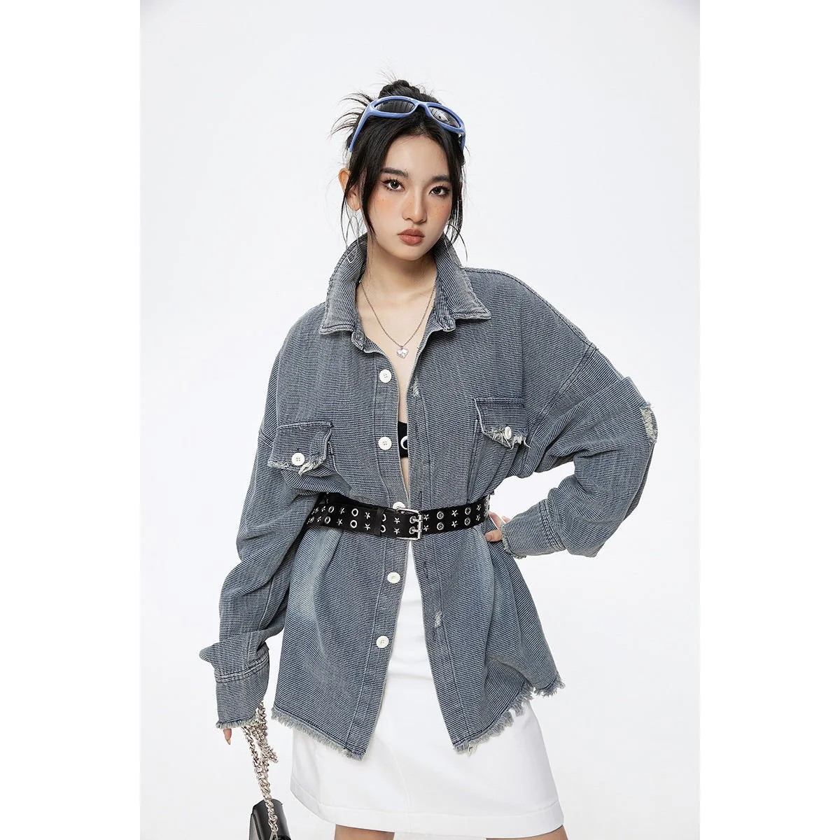 Distressed Denim Chambray Shirt on Sale - Men's and Women's Long Sleeve Vintage Style – Image 2