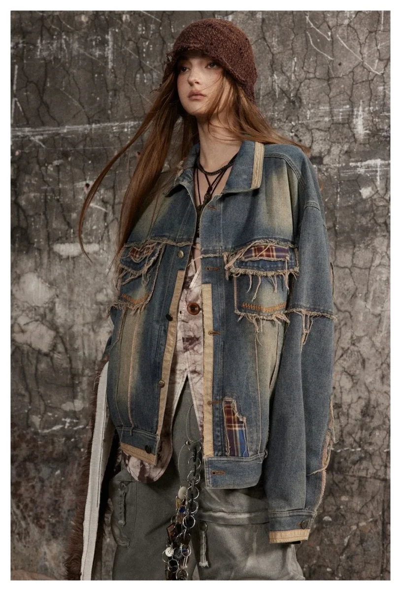 Distressed Plaid Denim Jacket for Women – Vintage Long Sleeve Style – Image 9